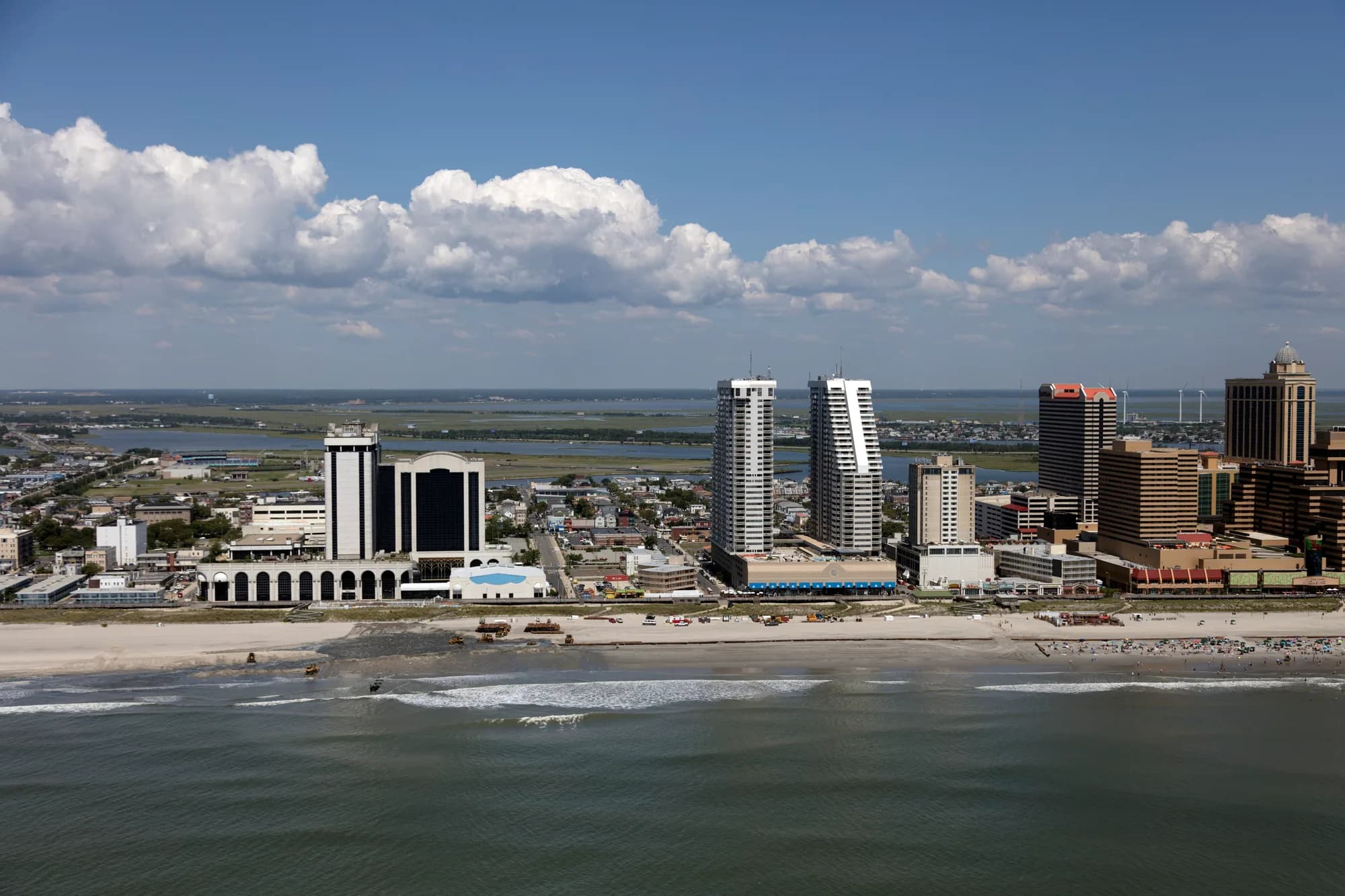 Aerial view of the Atlantic City beach, Boardwalk and skyline