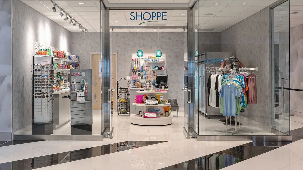 Glass-walled gift shop and convenience store in the lobby