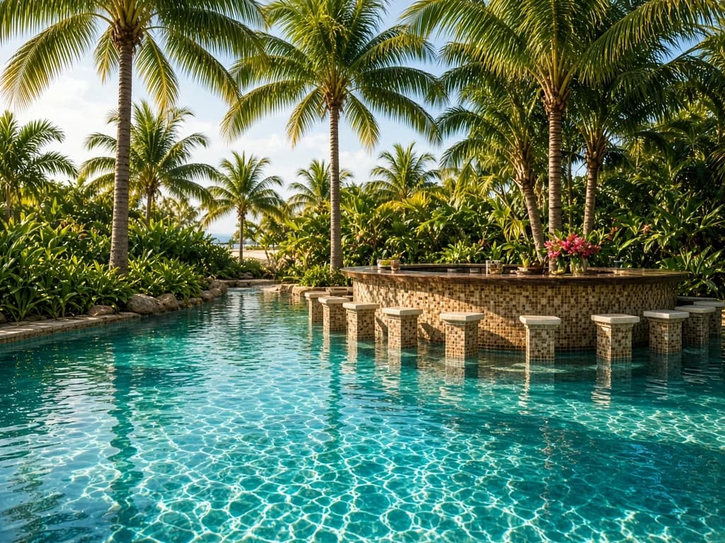 Resort pool with swim-up bar and palm trees in Cancún