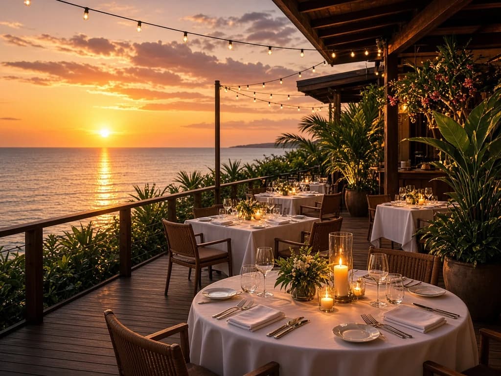 Oceanfront resort dining terrace at sunset in Cancún