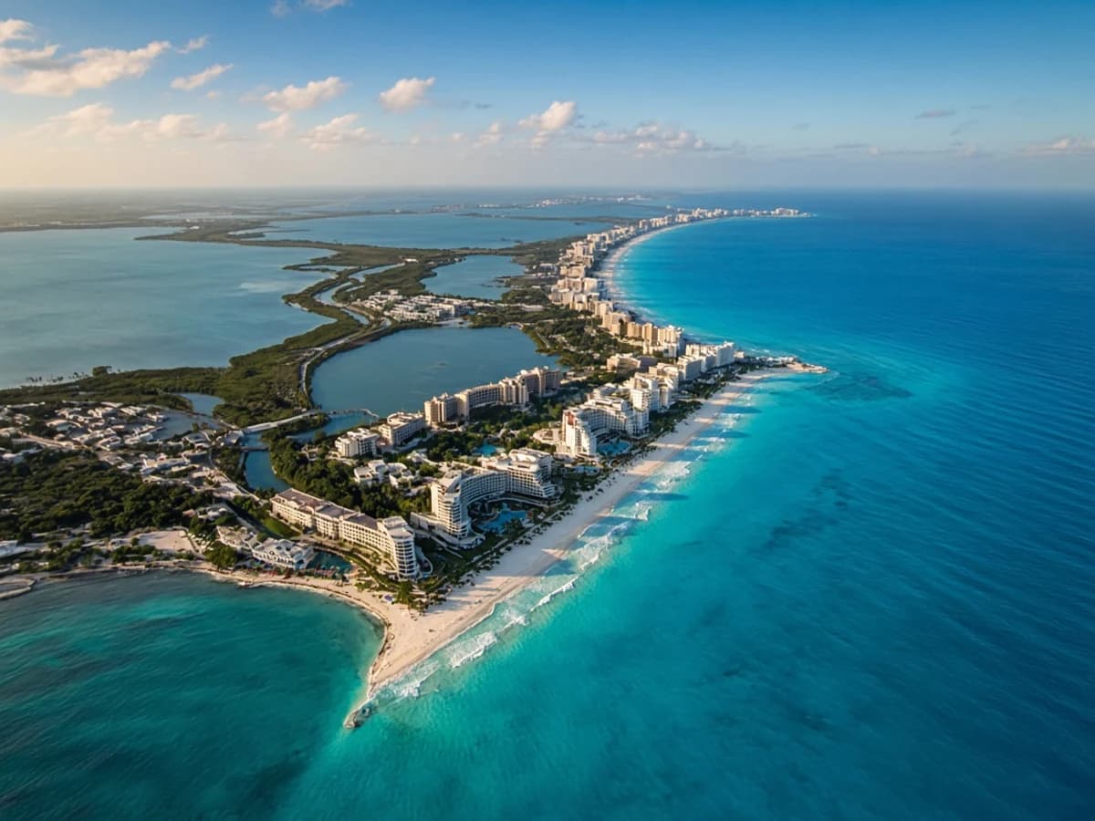 Aerial view of the Cancún hotel zone and Riviera Maya coastline