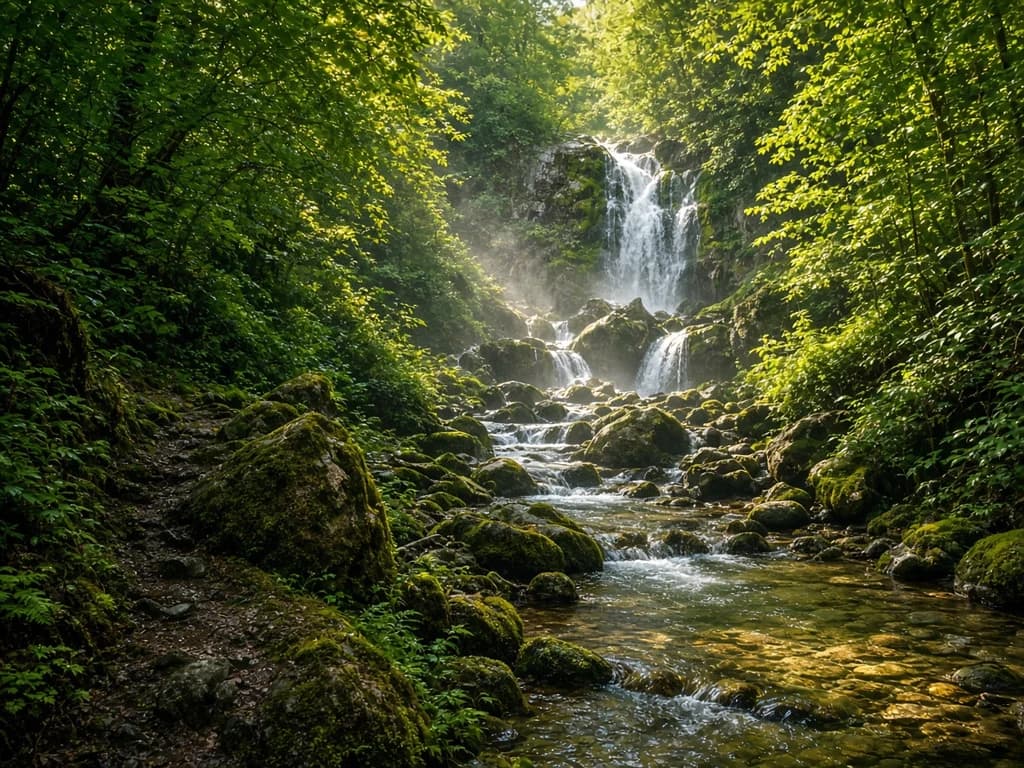 Forest trail and waterfall in Great Smoky Mountains National Park