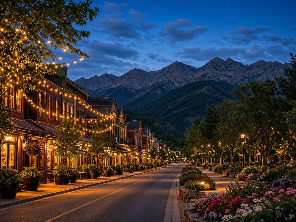 Lively mountain-town parkway at dusk