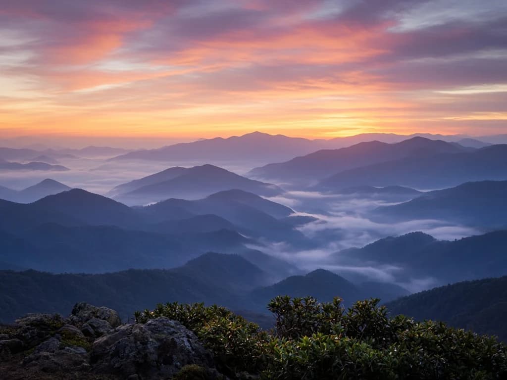 Scenic overlook of blue Smoky Mountain ridges at sunset