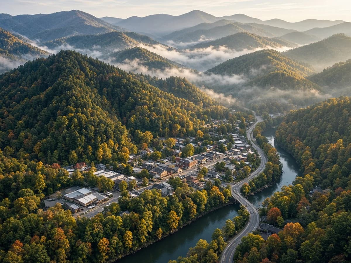 Mountain valley town nestled in the Great Smoky Mountains